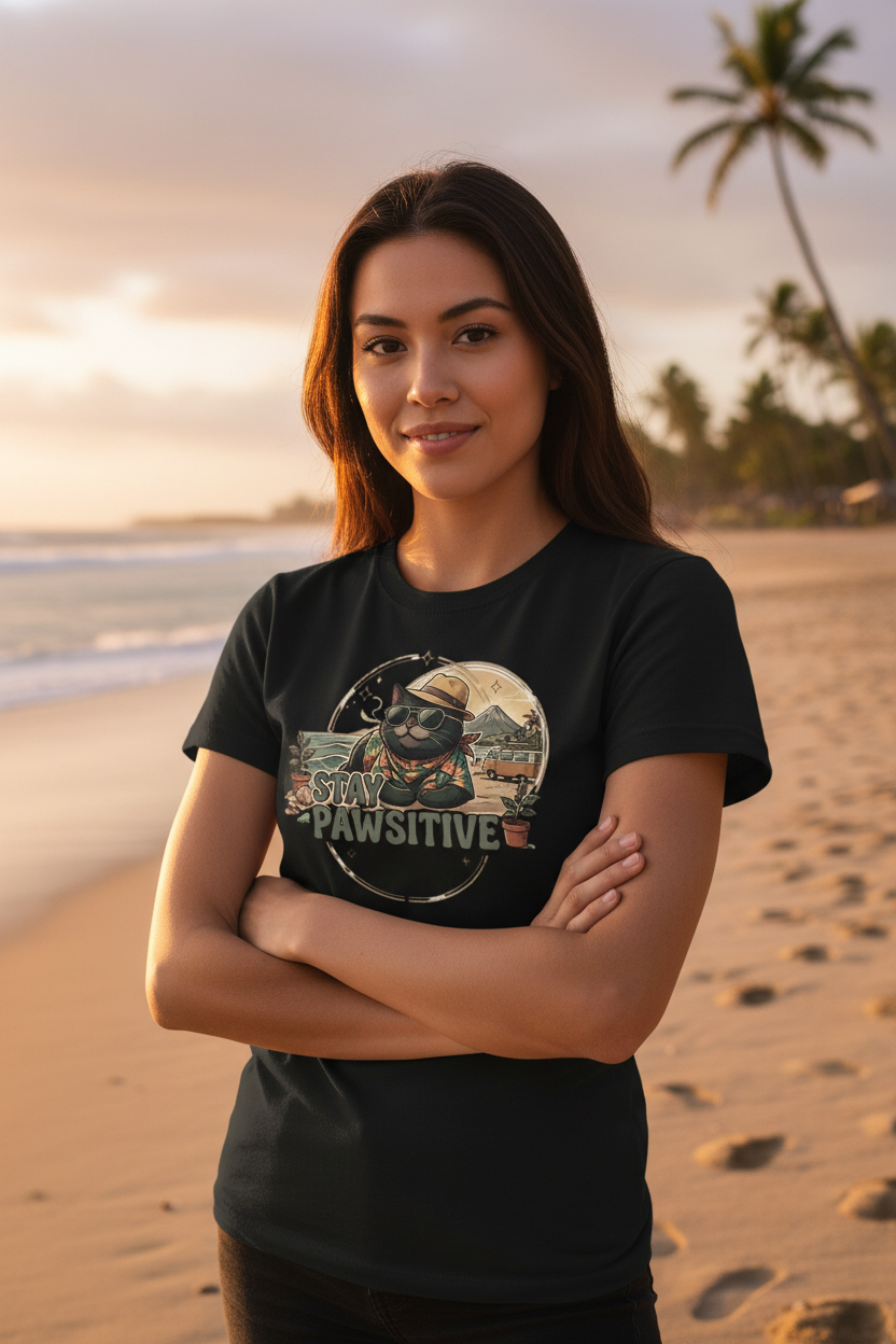 Stay Pawsitive vacation cat T-shirt lifestyle – strand Hawaiian shirt straatkatten Costa Rica