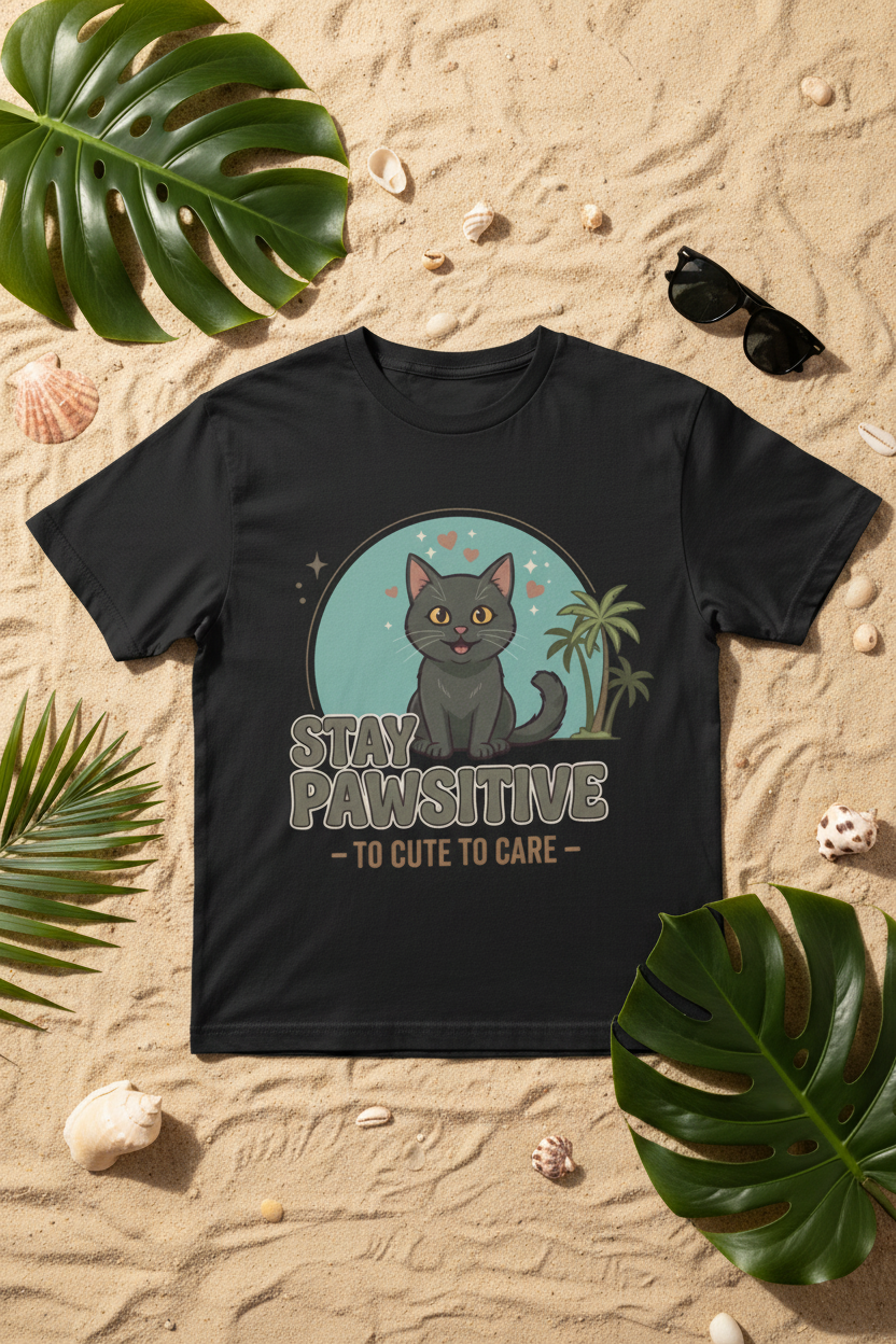 Stay Pawsitive cute cat palm tree T-shirt flatlay – too cute to care charity tee Costa Rica
