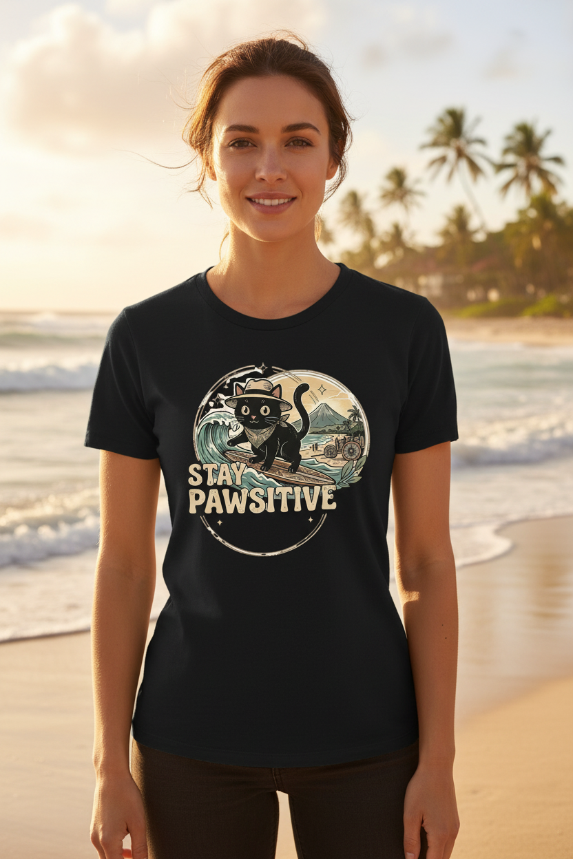Stay Pawsitive surfer cat T-shirt lifestyle – heavyweight katoen charity Costa Rica