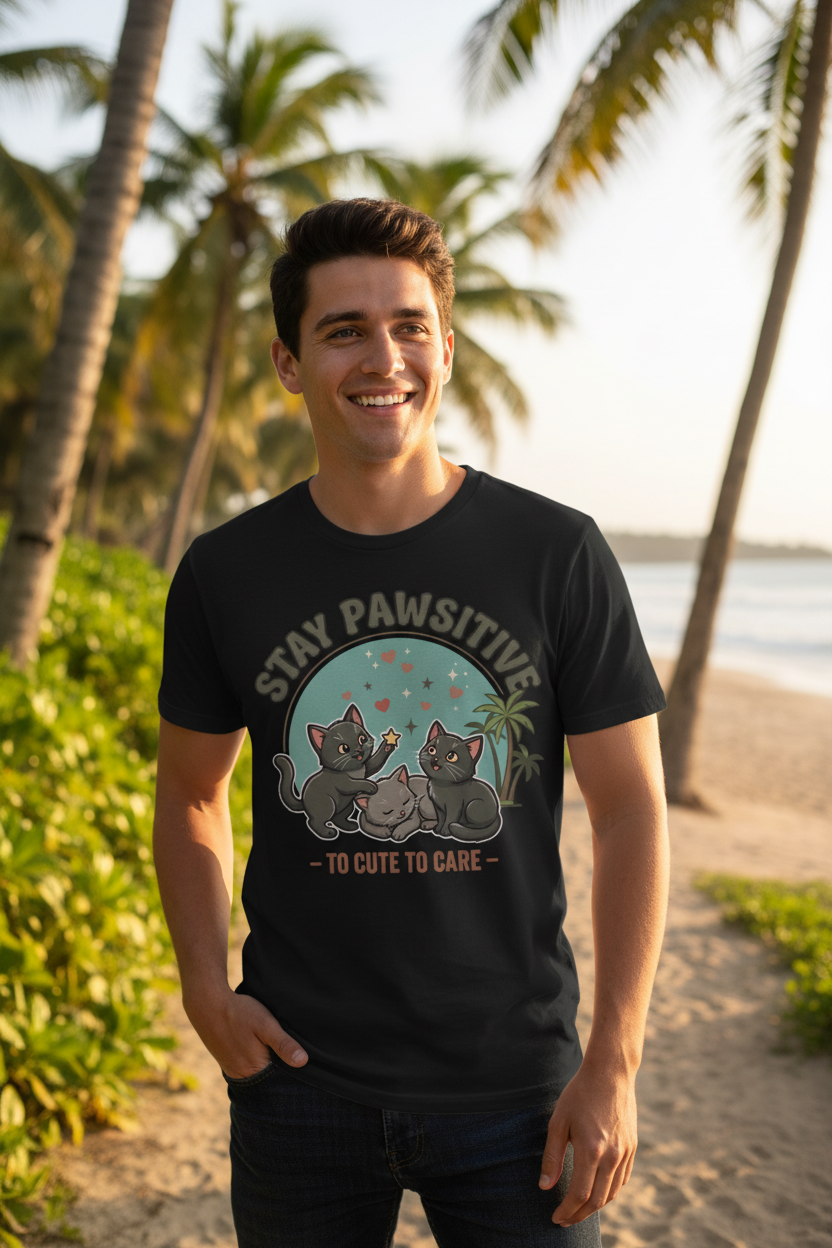 Stay Pawsitive retro kittens T-shirt lifestyle – kattenliefhebber charity tee Costa Rica