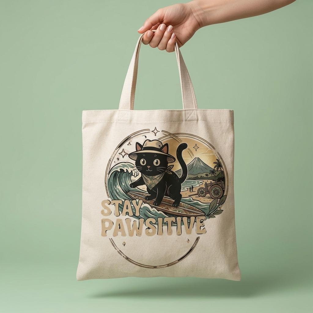 Cute cat organic tote bag flatlay – schattig kattendesign straatkatten Costa Rica