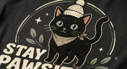 Stay Pawsitive T-shirt lifestyle foto – casual kattenliefhebber look