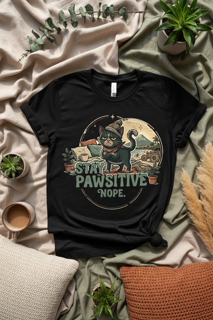Grumpy cat Stay Pawsitive Nope T-shirt flatlay – straatkatten Costa Rica