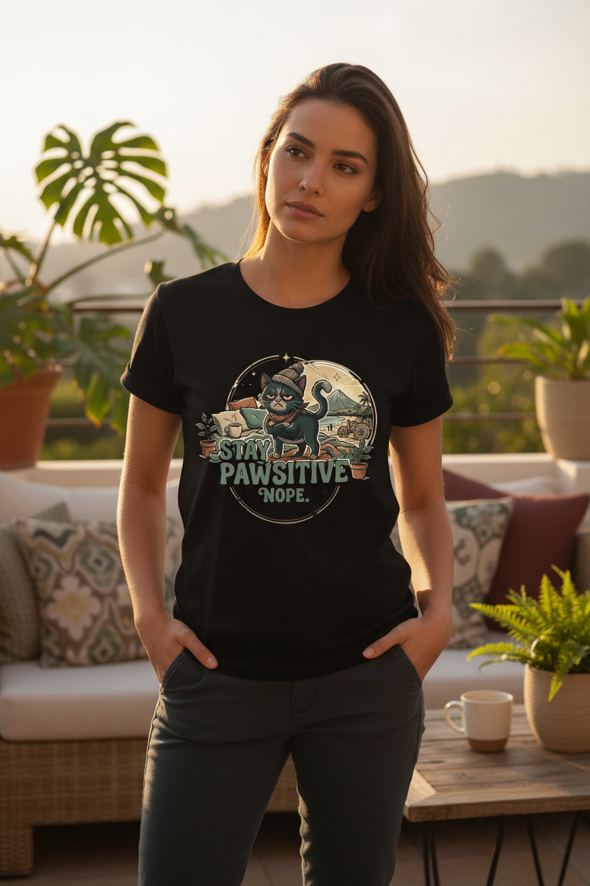 Grumpy cat Stay Pawsitive Nope T-shirt lifestyle – unisex katten charity tee