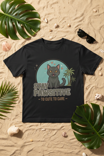 Stay Pawsitive cute cat palm tree T-shirt flatlay – too cute to care charity tee Costa Rica