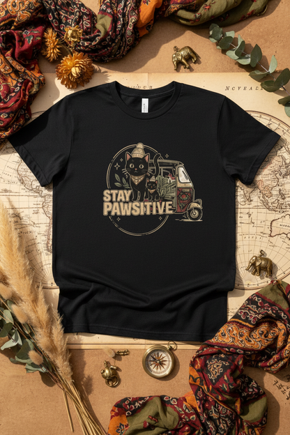Stay Pawsitive retro cats auto-rickshaw T-shirt flatlay – straatkatten Costa Rica