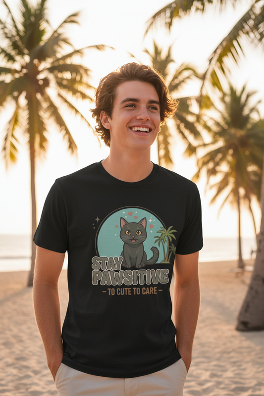 Stay Pawsitive cute cat palm tree T-shirt lifestyle – zwarte kat palmbomen straatkatten Costa Rica