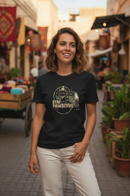 Stay Pawsitive retro cats tuk-tuk T-shirt lifestyle – zwart ontwerp katten charity