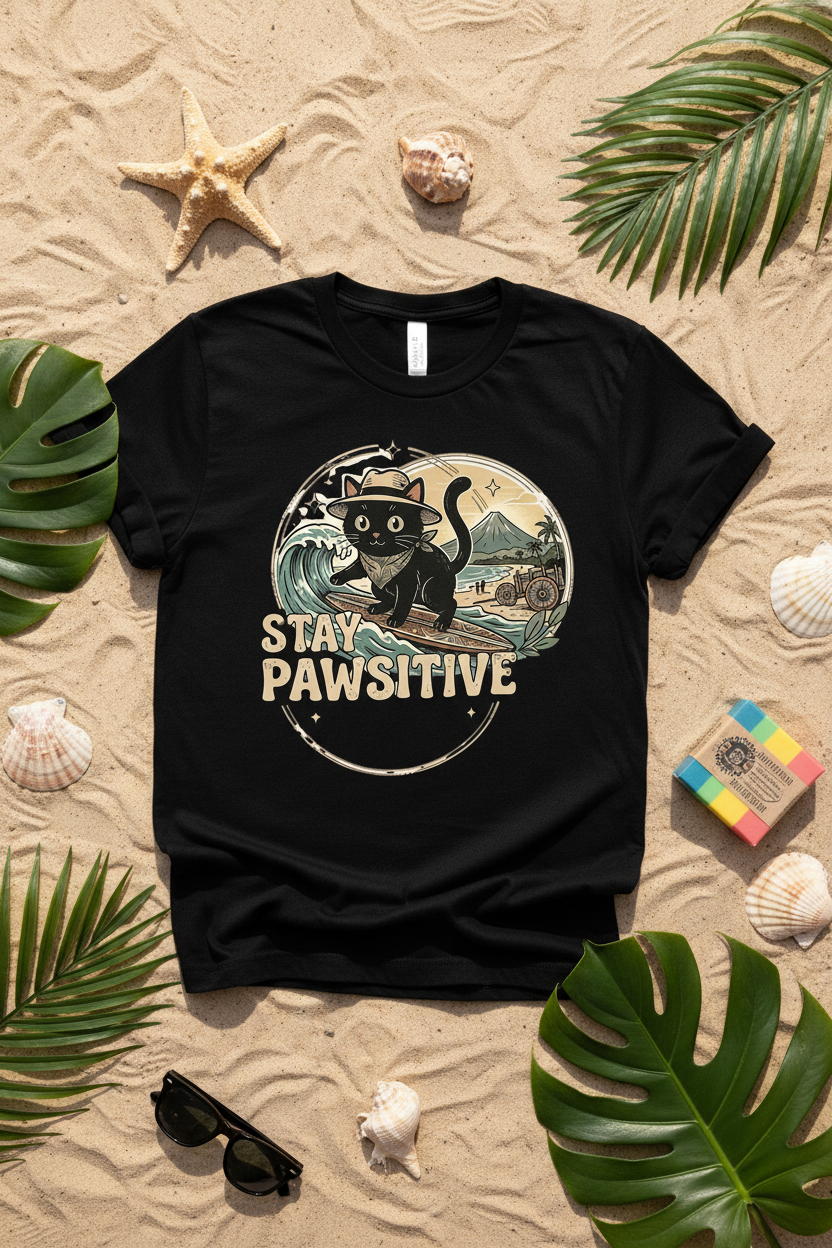 Stay Pawsitive surfer cat T-shirt flatlay – vintage beach unisex tee straatkatten Costa Rica