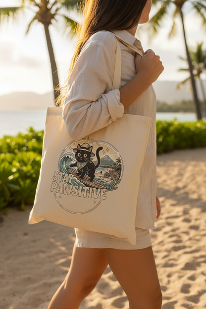 Cute cat organic tote bag lifestyle – duurzame katoenen tas charity Costa Rica