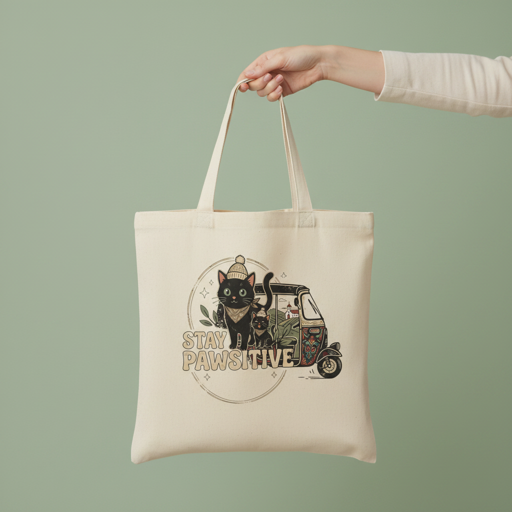 Tuk-tuk katten tote bag hand – retro cat organic bag straatkatten Costa Rica